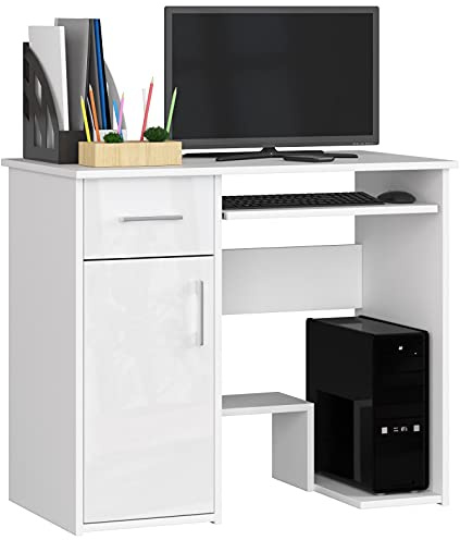 AKORD Schreibtisch Jay 90 cm | mit 1 Tür und 1 Schublade | PC-Schreibtisch | Office Desk | Computertisch | Bürotisch | B90 x H74 x T50 cm | Gewicht 33,95 kg | Weiß/Weiß Hochglanz