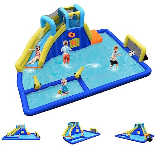 GOPLUS Castillo hinchable Oxford con tobogán y pistola de agua, zona de juegos acuática, entretenimiento múltiple, ideal para niños mayores de 3 años