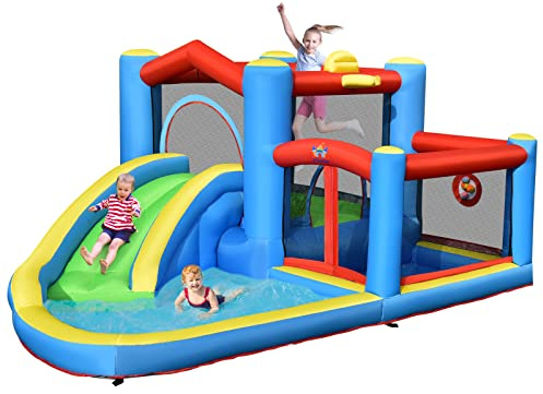COSTWAY Aufblasbare Hüpfburg mit Rutsche Planschbecken, Outdoor Springburg Spielburg Wasserpark für Kinder inkl. Tragetasche 410 x 310 x 191 cm