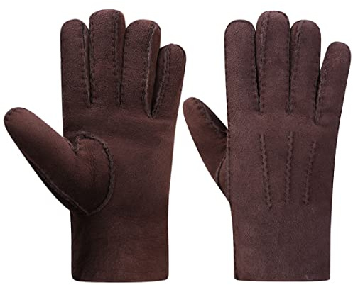 Harssidanzar Herren Leder handschuhe,Wildleder Lammfell Shearling Dicke Wolle Gefüttert Beheizte Warme Winter Kaltwetter Kleid Fahrhandschuhe KM043EU,Braun,Größe XL