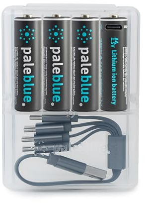 paleblue USB Rechargeable AA Batteries (4-Pack) - 2550mWh Lithium Ion, 1.5V, 1000+ Charge Cycles, Includes 4-in-1 USB-A to USB-C Charging Cable, LED Charge Indicator, Quick 1.9 Hour Charging