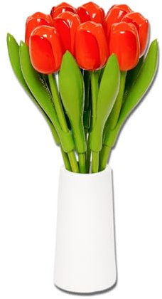 MomoMoments Bouquet di tulipani in legno arancione/rosso con vaso di legno bianco, 9 tulipani in legno, 34 cm di altezza, dipinto a mano, bouquet, fiori in legno, regalo da donna, made in Olanda