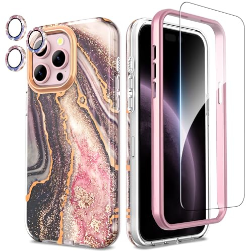 SHEDEER für iPhone 15 Pro Max Hülle mit Glitzer Kameraschutz + Displayschutz, 15 Pro Max Hülle Schick Anti-Vergilbung, 360 Grad Schutz Stoßfest Handyhülle für iPhone 15 Pro Max 6,7, Fernes Schwarz