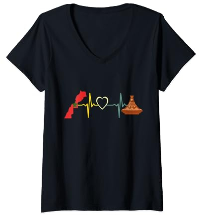 Maroc Tajine Heartbeat – Tajine Drapeau Marocain Nourriture T-Shirt avec Col en V