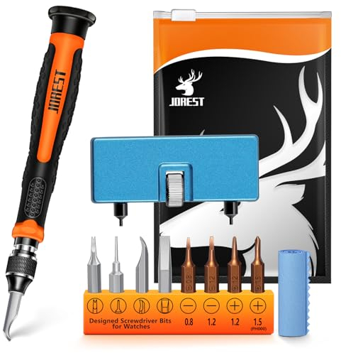 JOREST Watch Battery Replacement Tool Kit, Watchmaker Repair Screwdrivers, Pry Knife Opener for Watch Back Case Opening, Spring Bar Tool for Strap Removal, Cleaning Cloth, User Manual