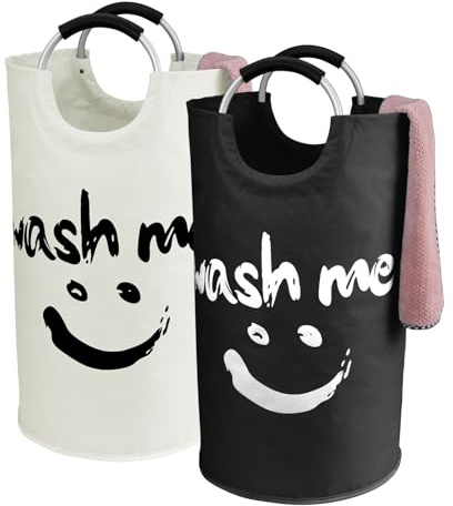 IHOMAGIC 2er-Satz Faltbar Wäschesammler 95L, Wäschetonne Stoff Wäschesack mit Griffe, Dekorativer Wäschekorb mit Smiley Face, Aufbewahrungskorb für das Schlafzimmer, Waschküche (Schwarz/Beige)