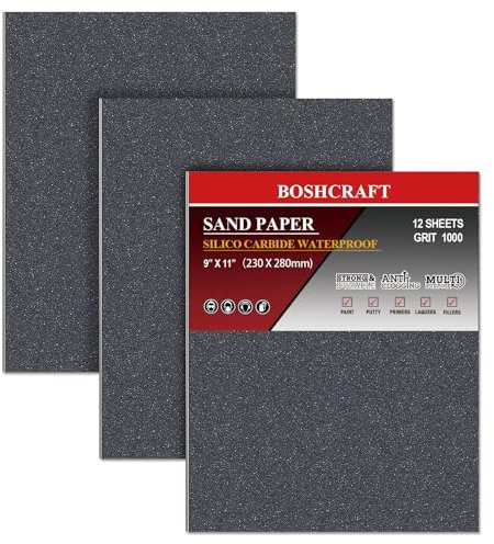 Boshcraft Papel de lija de grano 1000, papel de lija húmedo y seco para lijadora de mano de madera, metal, papel de lija, hojas de papel de lija de corte para uso de 9 x 11 pulgadas/12 hojas