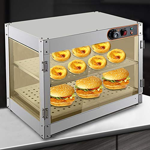 Vitrina para mantener el calor, 800 W, calentador de alimentos comercial, termostato de 30 °C a 85 °C, 2 pisos, para panaderías, cantinas, cafés