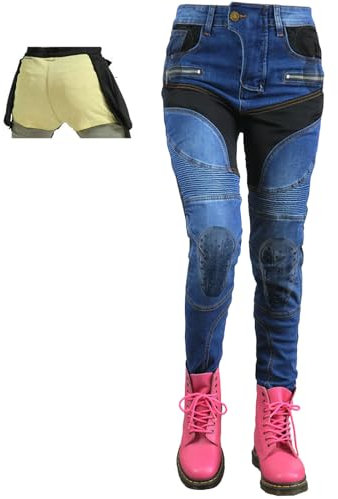 QIYUANT Motorradhose Damen Sommer Motorrad Jeans Atmungsaktiv Reiten Schutzhose Denim Reißfester Stretch Vintage Jeanshose Motorrad Bekleidung mit Verbesserter Rüstung Protektoren (Blau, L)