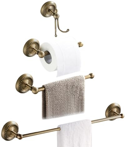 Badezimmer-Zubehör-Set aus massivem Messing, Kleiderhaken, Papierhalter, Handtuchhalter, Seifenkorb, Badezimmer-Sets, antikes Messing, 2