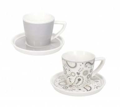 Brandani 52862 TAZZINA CAFFE SHANTI SET 2 PZ NEW BONE CHINA, cm d 12x7h, porcellana new bone china, 100 ml, Lavastoviglie, Microonde, Freezer, grigio monocolore + bianco con decoro shanti