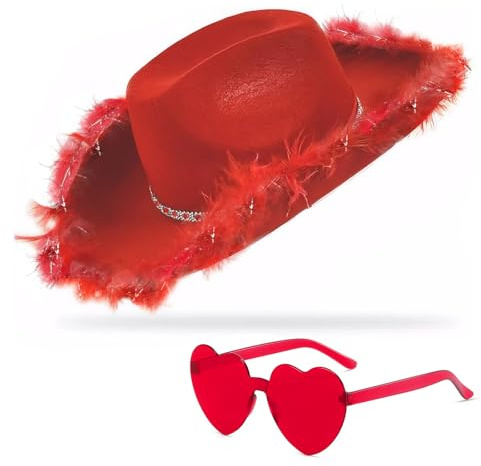 db11 Cowboy Hat Cowgirl Hat with Sequins Rodeo Party Hats with Heart Glasses (Red)