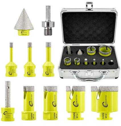 SANLEETEK Juego de Brocas Diamante - Brocas Porcelanico 10piezas (6/8/10/20/25/35/50mm+10mm Fresa Diamante+35mm Broca Chaflán+Hex Adapter) para Porcelanico Cerámica Mármol Granito