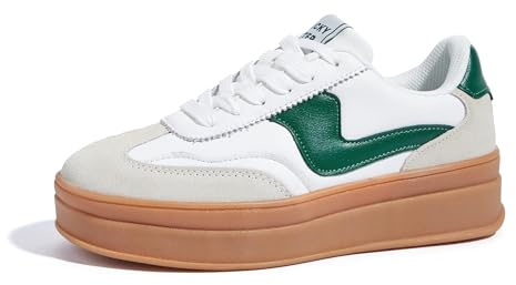 LUCKY STEP Plattform för kvinnor mode sneakers tjock sula mocka äkta läder klassisk gummi gummi gummi sula låg topp vardagliga promenadskor, Vit/grön, 42 EU