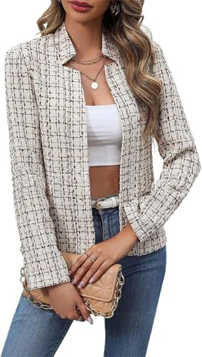 Damen Herbst Business Plaid Tweed Blazer Jacke Kerbkragen vorne offen Dressy Tweed Blazer Mantel, beige, XL