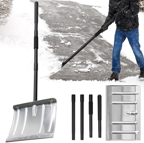 Pala quitanieves para entrada de vehículos, pala ergonómica de metal con mango largo de 67 - Pala quitanieves de aluminio resistente, portátil para maletero de coche, garaje de casa, patio trasero,