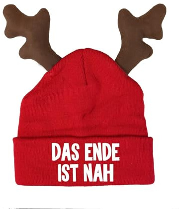 tshirtladen Das Ende ist nah Rentier Mütze lustiges Statement Elch Beanie Geweihmütze mit Spruch