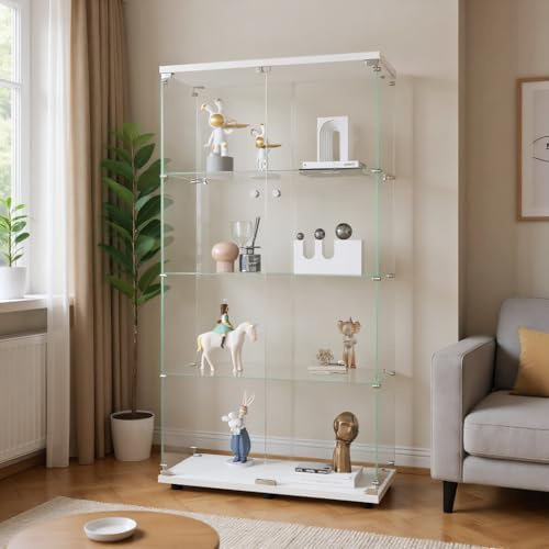 WOBOPCG Vitrinenschrank Glas,Glasvitrine Stehend Glas Schrank Vitrine Modern Standvitrine FüR Wohnzimmer BüRo SammlerstüCke BüCher Wein (4 étages 2 Porte, Weiß)