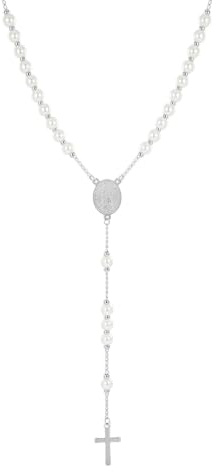 JJDreams Perlen Halskette mit Kreuz Necklace mit Anhänger Kreuz Edelstahl Kette Schmuck Geschenk für Herren Damen,Silber