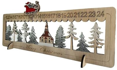 LED beleuchteter Holz-Adventskalender, geschnitztes Holz, Weihnachtsszene, Countdown-Kalender mit LED-Lichtern und Baumhaus