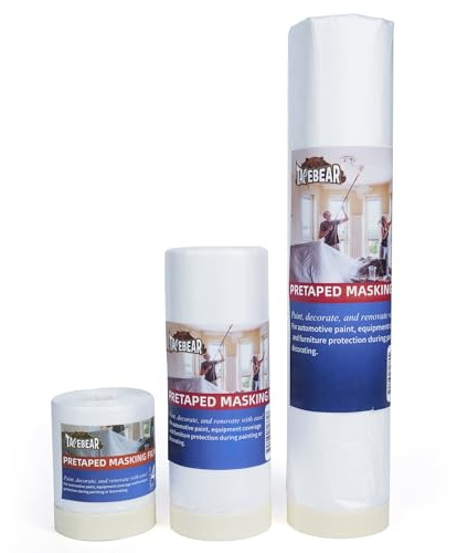TAPEBEAR Automotive Pre-Taped Masking Film Upgrade Thickness, 3-Size Tape and Drape, Plastic Cover for Painting, Plastic Sheeting Masking Tape Film for Floor and Furniture, 550mm/1400mm/2600mm x 27m