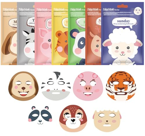KUIRUNRX® Gesichtsmaske Set, 7 Stück Feuchtigkeitsmaske Gesicht mit Tiermotiv, Daily Care Gesichtstuchmasken, Tuchmasken Gesicht für Alle Hauttypen Geeignet, Beruhigend Feuchtigskeitsspendend