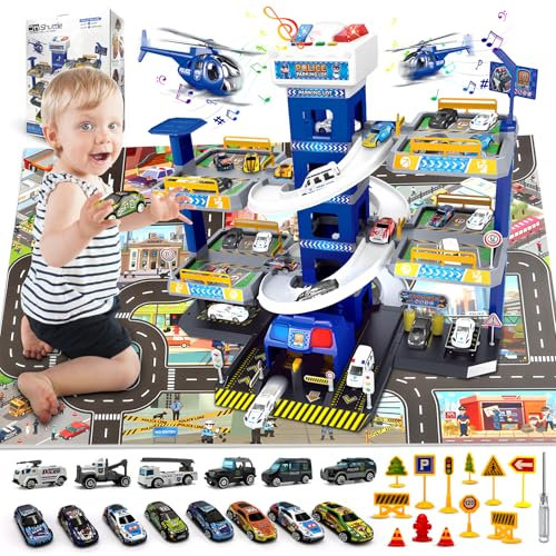 RoserRose 5 Stockwerke Parkhaus für Kinder, Parkgarage mit Autorennbahn, 14 Autos, 2 Hubschrauber, mit Aufzug, Licht, Sound und Große Karte, Parkgarage für Kinder ab 3 Jahren, Polizei