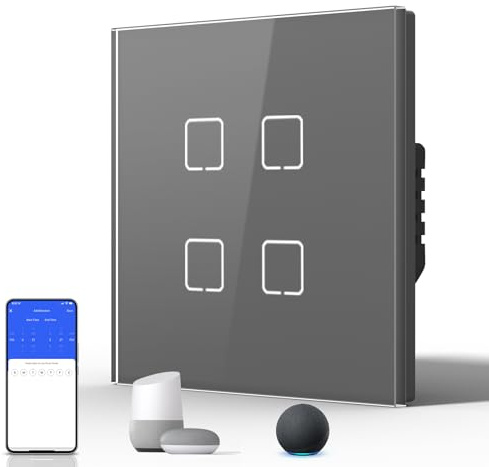 BSEED Interruptor Táctil de Pared Inteligente,Panel de Cristal,Pulsador con Pilotitos LED,Fáciles de Limpiar,E-Series,4 Gang 1 Vía,86mm Gris