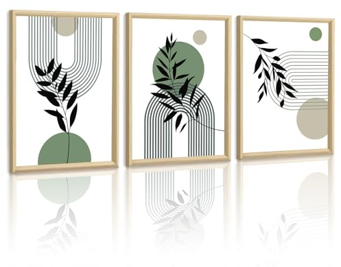 WENGTIAO Leinwand Bilder mit Rahmen Boho Sage Grün Wandbilder | Abstrakte Geometrisch Bild auf Leinwand für Modern Wohnzimmer Schlafzimmer Wanddeko 40x60cmx3