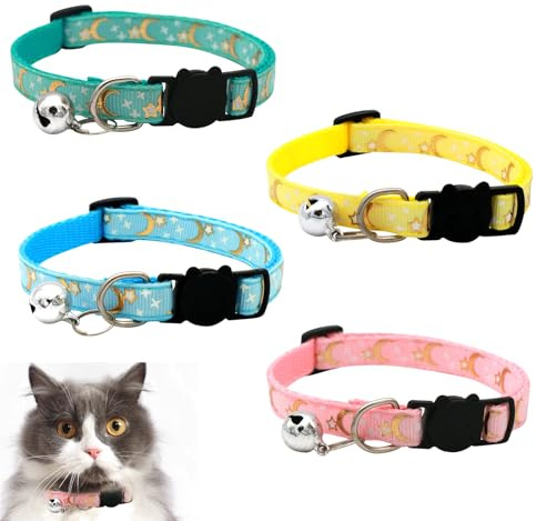 ZWWOGE 4 piezas Collar Gato con Cierre de Seguridad, Reflectante Ajustable Collar Gato con Campana, Patrón de Luna y Estrella, Amarillo, Azul, Verde, Rosa
