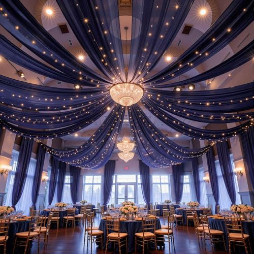 6 Panels Navy Blue Ceiling Drapes with Lights for Weddings Ceiling Drapes 5ftx10ft Wedding Draping Fabric Sheer Curtains Tulle Drapery Wedding Decorations for Home Party Ceremony Stage Swag