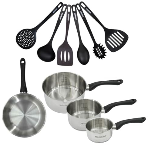 Fackelmann Batterie poêle 24 cm, 3 casseroles et ustensiles | Set complet pour cuisiner, 1 poêle 24 cm et 3 casseroles, Inox 18/8, Compatible induction, Four et lave-vaisselle, Sans PFAS