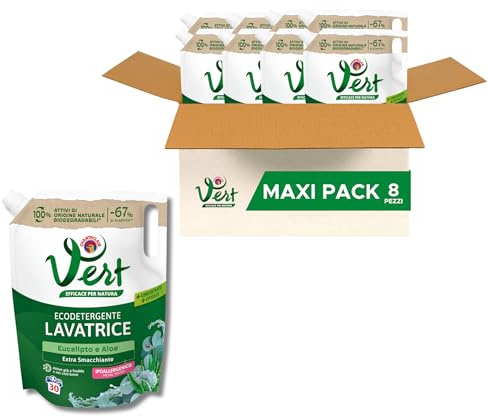 Vert - Ecodetergente Lavatrice - Fragranza Eucalipto e Aloe, 100% Origine Naturale, Funzione Extra Smacchiante, Efficace a Freddo e nei Lavaggi Brevi, Ipoallergenico - 8 Flaconi da 1200 ml, 30 Lavaggi