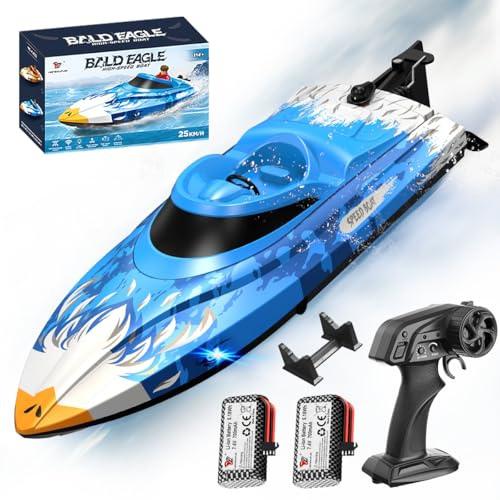 Barca Telecomandata ad Alta Velocità 25 km/h,RC Boat Impermeabile con 2,4 GHz,Raffreddamento ad Acqua,LED, Flip Automatico, Allarme Batteria e Distanza, 2 Batterie,per Bambini e Adulti, Piscina e Lago