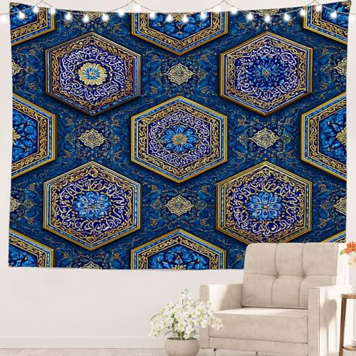 Batmerry Tapiz con motivos persas, hexágonos azules con arte dorado para colgar en la pared, fibra de poliéster blanca con volantes para dormitorio, sala de estar, 39 x 59 pulgadas