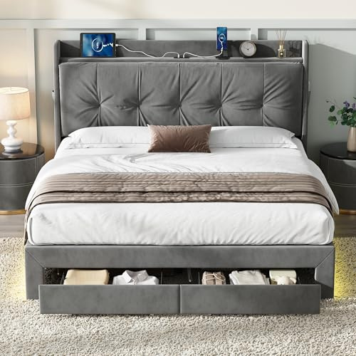 5ft King Size Upholstered Ottoman Bed With Storage & Drawers & Back Cushion Headboard, Hydraulic Storage Bed with LED Lighting & Charging Station, Velvet Gas Lift Up Functional Beds With Slats, Grey