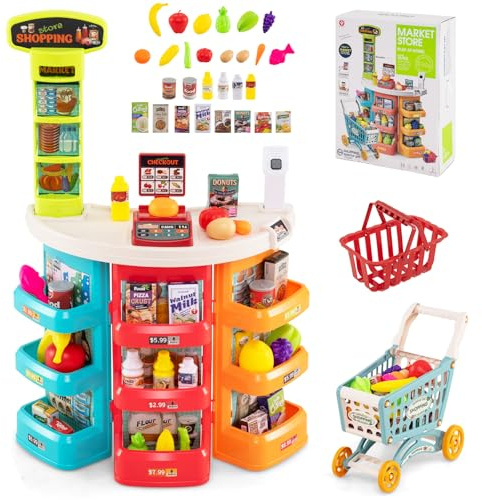 GOPLUS Supermarché Enfant avec Comptoir, Chariot de Course et Panier, Balance Simulée, Caisse Enregistreuse avec Lumineux et Sonores, Marchande en PP avec 29 Accessoires pour 3+ Ans (Bleu)