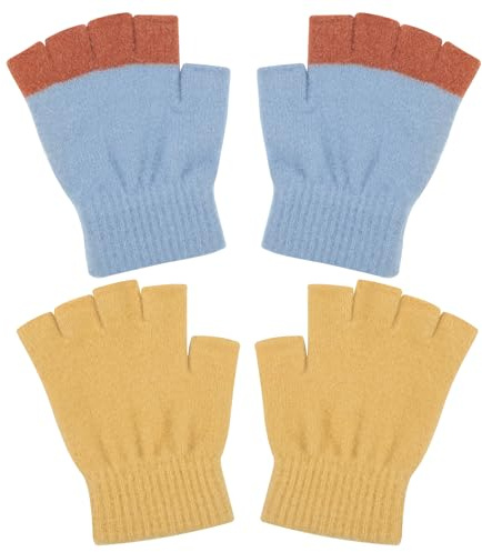 Kiiwah 2 Paires Mitaines Enfant, Élastique Doux Gant Hiver Chaud Enfant, Colorés et Thermiques Gants Sans Doigts, Mignon I'hiver Tricot Mitaine Demi-doigt pour Fille Garçon 5-7 Ans