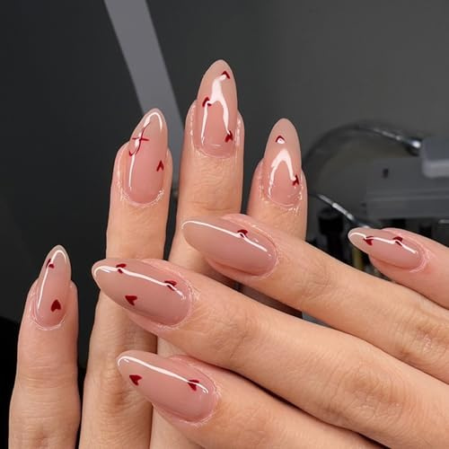 24 Short Almond Press-On False Nails, Nude Pink With Red Heart Motifs | Glossy Ready-Designed Manicure Set, Coordinated Decorated Tips, For Everyday Wear Or Pairing With Simple Occasion Outfits