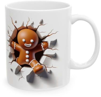 Jm-Déco Mug drôle Bonhomme Pain d’Épices – Tasse 3D effet mur fissuré – Cadeau original Noël, Hiver, Gourmandise, Céramique blanche 330 ml – Tasse humoristique Gingerman N4158