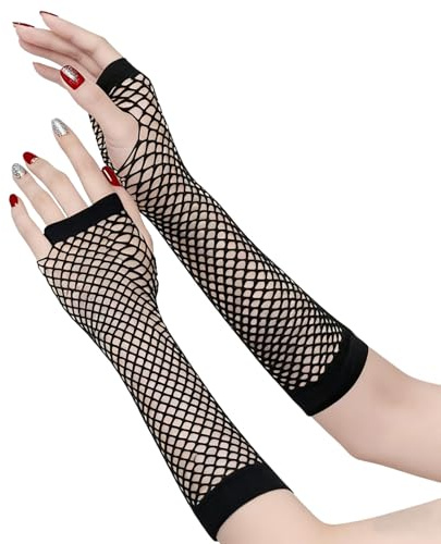 OuryTech Spitzenhandschuhe Schwarz, Lange Netzhandschuhe für Damen, Fingerlose Punk Black Mesh Handschuhe für Karneval, Themenpartys, Bandauftritte