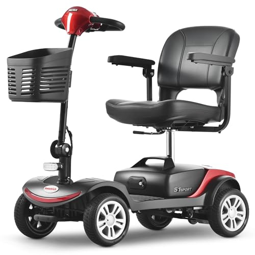 Elektromobil Klappbar für Senioren und Ältere, 4-Rad-Kompakt-Outdoor-Mobilitätsroller für Senioren – 300W Motor, 15km Reichweite, 360° Dreh-Sitz + LED-Leuchten (rot)