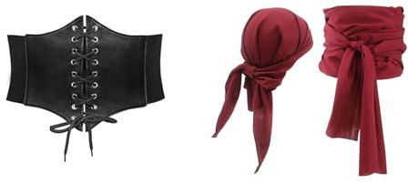 Damen Piraten Kostüm Set Zubehör Korsett Gürtel, Rotes Kopftuch & Hüfttuch Schärpe Mittelalter Kleidung Fasching Karneval Halloween Verkleidung Piratin Outfit Accessoires Kit (A00 Red, One Size)