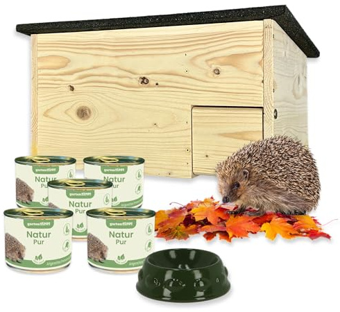 GARTENETAGE Igel-Starter-Set Igelhaus mit Rattenklappe inkl. Futterschale & 5X Premium-Igelfutter – Sicheres Igelhaus, wetterfest, artgerechte Fütterung, Schutz vor Ratten
