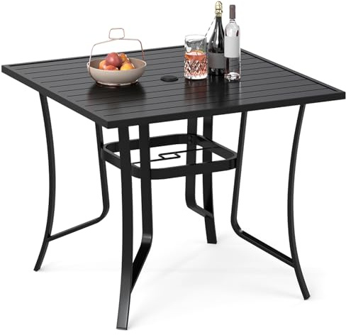 COSTWAY Tavolo Pranzo Esterno in Metallo, con Foro per Ombrellone | Tappo per Foro, Tavolo Quadrato per Patio Cortile Piscina, 91 x 91 x 73 cm, Portata 55 kg