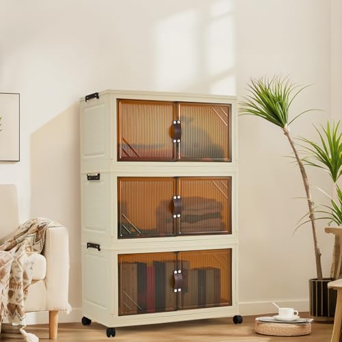 Thaookte Aufbewahrungsboxen, 3 Ebenen, Organizer Mit 1 Deckel, Stapelboxen Auf Rollen, Plastikboxen, Magnetische Tür, Ordnungsboxen, Weiß, Platzsparendes Organizersystem Für Bad, Büro, Wohnung