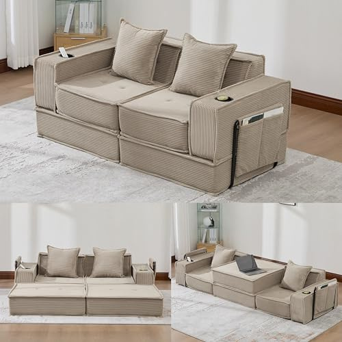Sofá convertible de 2 plazas, sofá cama modular con almacenamiento 140 x 190 cm, convertible en puf y sillón, tejido suave para salón