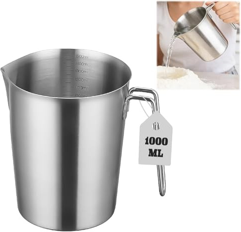 Messbecher 1L Edelstahl 304, Lebensmittelqualität Metall Messbecher mit Griff Feinskala Rundumschüttrand Spülmaschinenfest Messkanne Milchkännchen Kaffeekanne für Haushalt Restaurant Küche