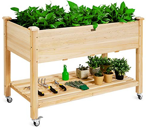 COSTWAY Hochbeet mit Rollen & Ablage, Erhöhtes Gartenbeet aus Holz, Pflanzkasten mit Abflusslöcher & Abdeckfolie, Tannenholz, Kräuterbeet für Balkon Garten Terrasse, 120 x 59 x 84 cm, Natur