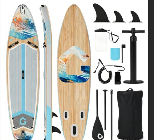 Aufblasbares Stand Up Paddleboard Set, Mit Universal Kamerahalterung, 3‑teilig verstellbares Paddel, Dual‑Action Luftpumpe, abnehmbare Finnen, Leash & Rucksack, für Einsteiger und Fortgeschrittene